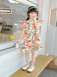 少女花卉和字母印花娃娃裝 - 彩色 - 查看 2