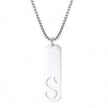 1pc Rectangle Tag English Letter Pendant Silver Tone 60cm Long Chain Necklace, Unisex - Silver - View 28