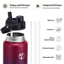 Insulated Water Bottle With 2-In-1 Lid (Chug Lid/Straw Lid),40oz/64oz Double Walled Vacuum Stainless Steel Water Bottles, Water Jug With Straw, Wide Mouth Insulated - 紅黑 - 查看 4