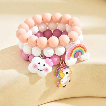 3 Piezas De Pulsera Con Cuentas De Estilo Simple Y Color Sólido Con Diseño De Unicornios Y Nubes Arcoíris Para Uso Diario De Las Niñas