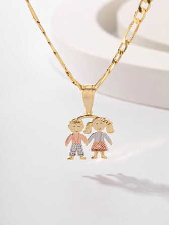 1入時尚簡約三色鍍銅雕刻立體男孩女孩拉手吊墜項鍊,適合作為禮物贈送、情侶、朋友、日常佩戴和節日使用