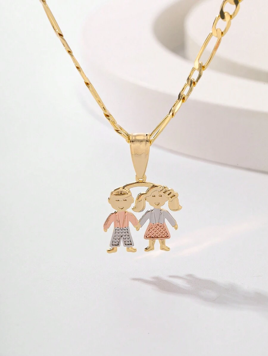 1pc Stylish And Simple Tri-Color Copper Plated Carved 3d Boy & Girl Holding Hands Pendant Necklace, Suitable For Gift Giving, Couples, Friends, Daily Wear And Festivals - Yellow Gold - View 1