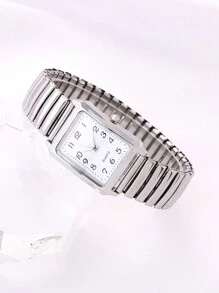 1 Pieza Reloj De Cuarzo Para Ancianos Con Esfera Cuadrada, Números Arábigos Y Correa Elástica. Adecuado Para Uso Diario/como Regalo Para Festivales - Blanco - Ver 7