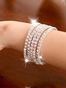 5pcs Glittering Rhinestone Beaded Elastic Bracelets Party Style Adjustable Stretchy Chain Bracelets, Ideal Women Gifts - Silver - View 5