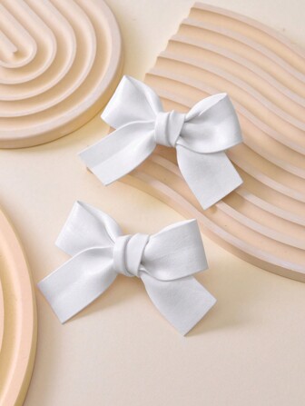 1pair Girls' White Sparkling Butterfly Hair Clip With Imitation Pu & Cloth Knot Bow Design Suitable For Daily Life Or Parties