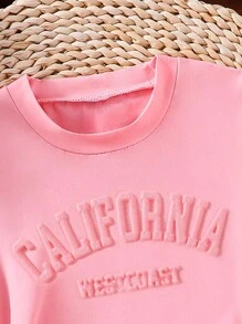 少女圓領短袖針織T卹，帶字母和浮雕設計，休閒風 - 粉色 - 查看 3