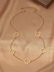 1pc Geometric Hollow Out Clover Pendant Necklace, Western Style Elegant Fashion Accessories - Yellow Gold - View 6