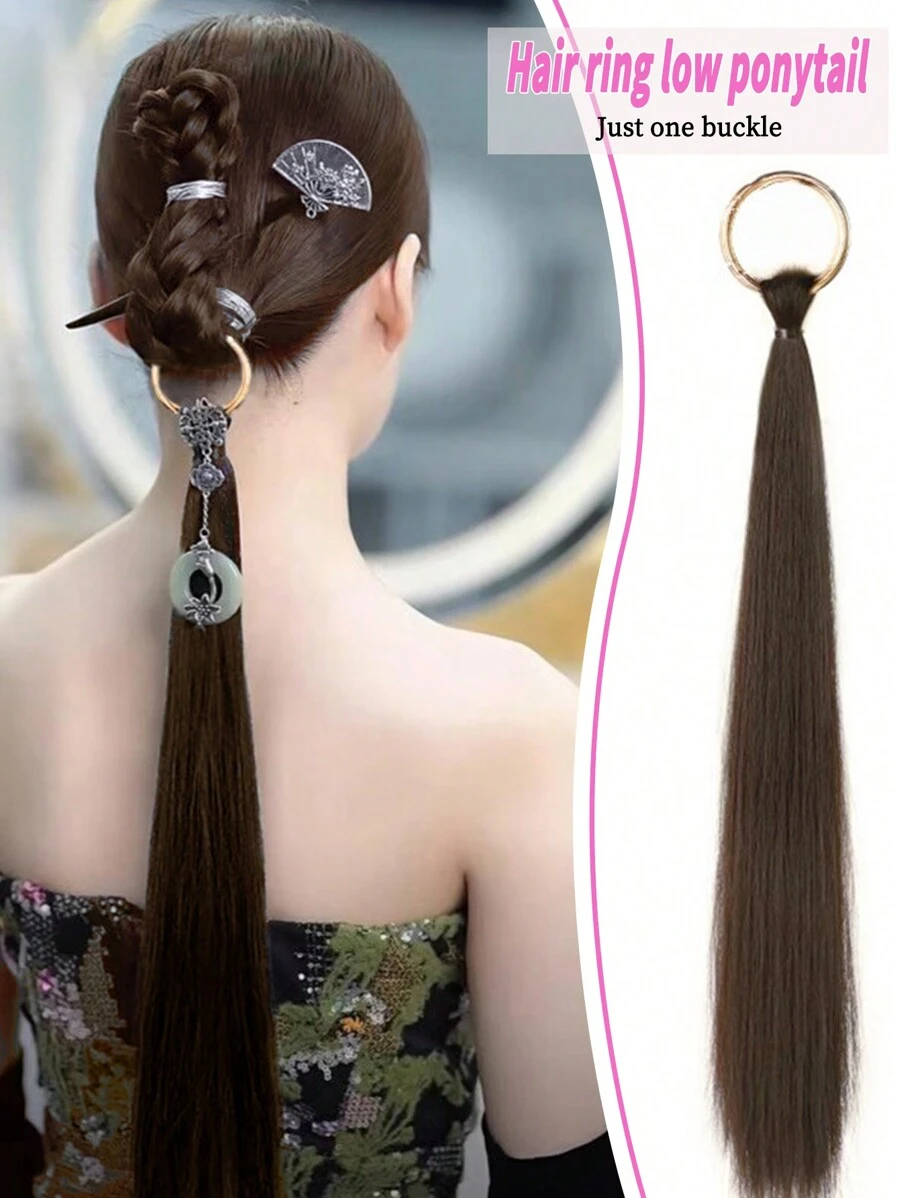24-Inch Cold Brown Synthetic Wig New Chinese Style Mid-Length Braided Hair Ring Low Ponytail Daily Wear - Brown - View 1