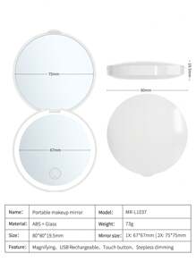 Rechargeable Portable LED Makeup Mirror, Solid Color Light Handheld 2X Magnifying Mirror, Adjustable Fill Light, Compact Foldable With Light - White - View 6