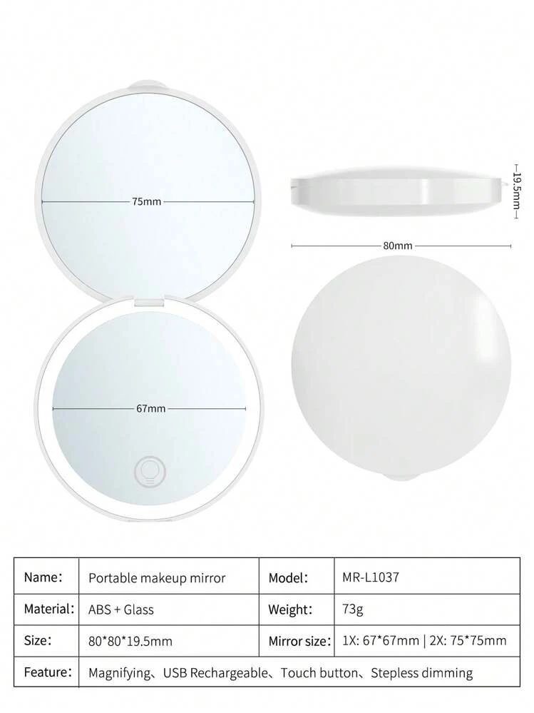 1X/2X Magnifying LED Compact Makeup Mirror, Pocket-Sized, Double-Sided, Foldable, Handheld With Lights, Suitable As Gift For Mom, Valentine's Day, Boyfriend, St. Patrick's Day - White - View 5