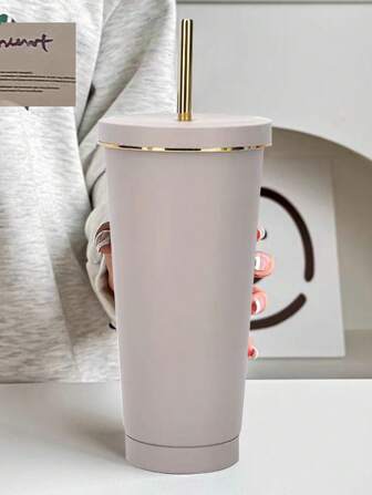 1pc Light Gray Stainless Steel Vacuum Insulated Cup With Straw, Large Capacity Coffee Mug For Car And Gift Water Bottle