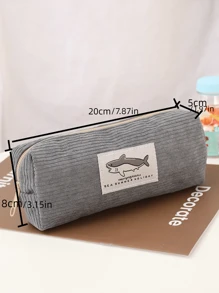 1pc Adorable Shark Embroidery Pencil Case, High Capacity Pen Holder For Primary And Secondary School Students, Dark Gray Back To School,Pencil Pouch,School Bag