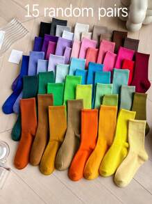 15雙女士純色中筒襪,舒適透氣,隨機顏色的休閒運動風格 - 彩色 - 查看 1