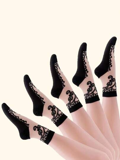 1/5 Pairs Women Fashionable & Comfortable Embroidered Floral Mid-Calf Socks, Fall