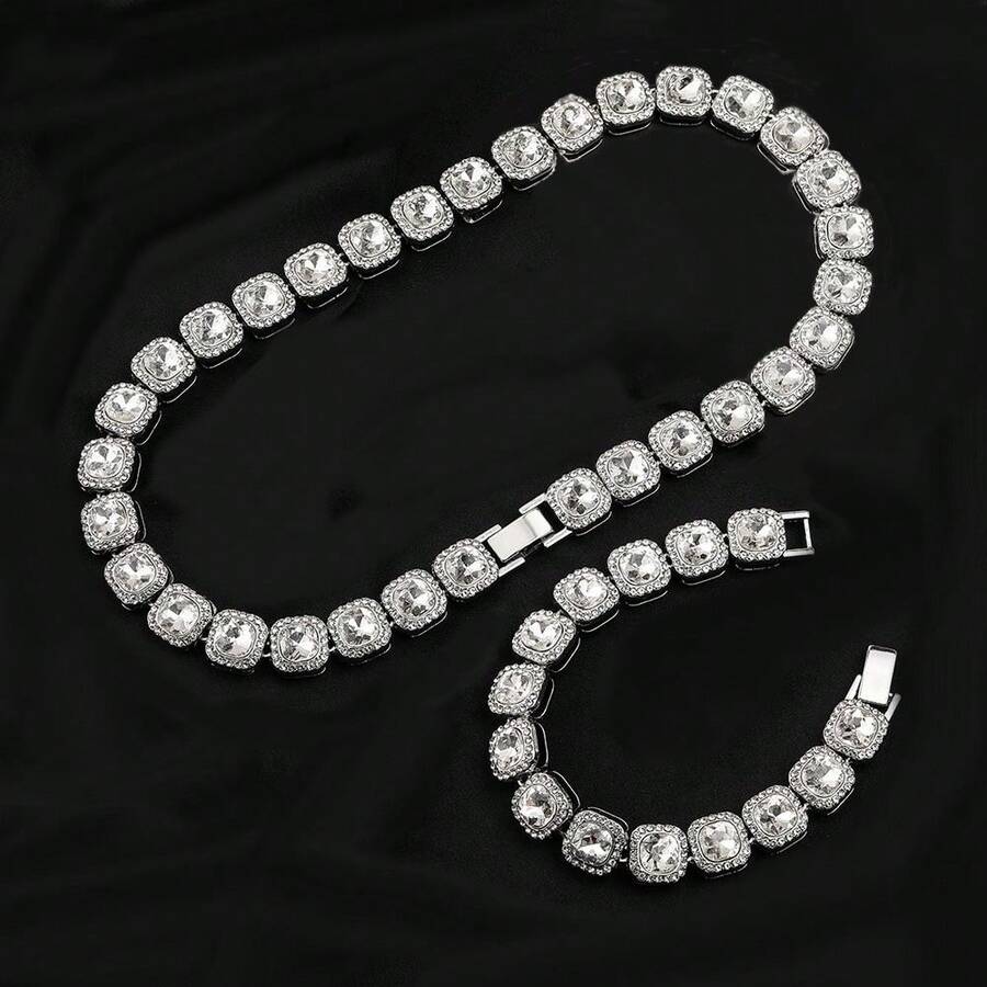 1 bộ 13mm Chiều rộng Châu Âu & Châu Mỹ Hip-hop Phong cách Hình vuông Kim cương Trang trí Dây chuyền & Vòng tay Bộ , Hoàn hảo Qủa tặng Cho bạn trai Đối với Câu lạc bộ đêm Nhảy múa Hoặc Hip-hop Đường phố Nhảy - Vàng - Xem 1