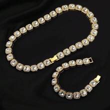 1 bộ 13mm Chiều rộng Châu Âu & Châu Mỹ Hip-hop Phong cách Hình vuông Kim cương Trang trí Dây chuyền & Vòng tay Bộ , Hoàn hảo Qủa tặng Cho bạn trai Đối với Câu lạc bộ đêm Nhảy múa Hoặc Hip-hop Đường phố Nhảy - Vàng - Xem 13