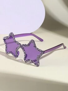 一副Y2K复古风格多巴胺时尚眼镜，星形图案，手工水钻装饰，无框设计，独特时尚，是婚礼、海滩派对、舞会和户外活动的理想之选。这款眼镜也是万圣节海滩配饰、女士眼镜、秋冬必备单品、商务休闲装、夏季海滩度假、户外活动和旅行的完美礼物。 - 彩色 - 查看 2