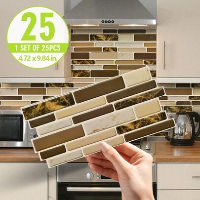 SUPSTICKER 1/25/40 piezas Pegatinas para salpicadero de cocina con efecto de textura de mármol falso 2D, autoadhesivas, de tonos marrones profundos, impermeables, gruesas, fáciles de pelar y pegar, papel tapiz decorativo para el hogar, 25 x 12 cm