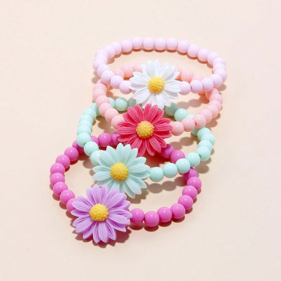 4pcs/Set Charming Daisy Flower Multicolor Beaded Bracelet Jewelry Children's Jewelry Set For Girls Campus Birthday Holiday Party Gift Accessories Daily Casual College Holiday Gifts For Friends And Besties - Multicolor - View 1