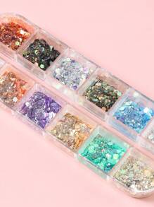 1 Box 12 Grids Colorful Glitter Sequins Nail Art Decoration,Y2K Pink Sparkly Mermaid Mixed Iridescent Hexagon Flakes Holographic Powder Sea Romantic 3D Decorations DIY Nail Charms Nail Gems Nail Supplies