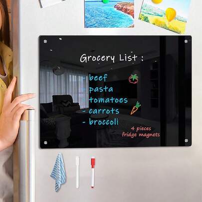 1 bảng trắng acrylic từ tính 3D màu đen (kèm 1 khăn lau màu ngẫu nhiên, bút bảng trắng từ tính màu trắng và đỏ), bảng kế hoạch hàng tuần/hàng tháng/trống/ghi chú, bảng trắng di động có thể tái sử dụng với mặt sau từ tính dùng cho tủ lạnh, thích hợp cho năm học mới.