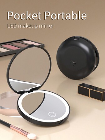 手帶式口袋鏡，1X/2X倍增LED小巧旅行化妝鏡，2面式，便攜式，折疊式，手持式，小型照明鏡，適用於禮物贈送、母親節、情人節、男友禮物、情人節禮物、可愛的聖帕特里克節