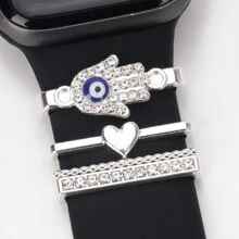 4pcs/Set Silvery Metal Creative Palm Eyes Watch Band Charms Decoration Ring Compatible With Apple Watch Bands Accessories Compatible With Galaxy Watch Series Strap Charm