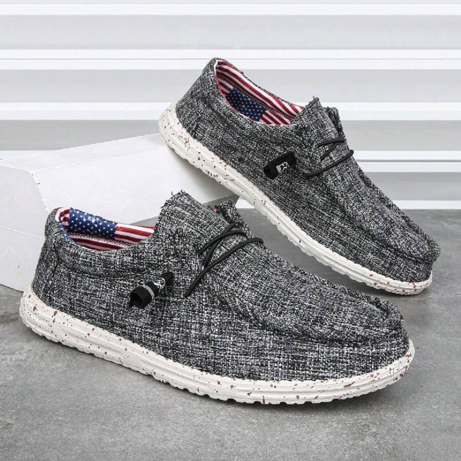 男士帆布滑步便鞋,厚鞋底,防滑,透氣,耐磨,適用於休閒、戶外、全年季節 - 黑色 - 查看 1