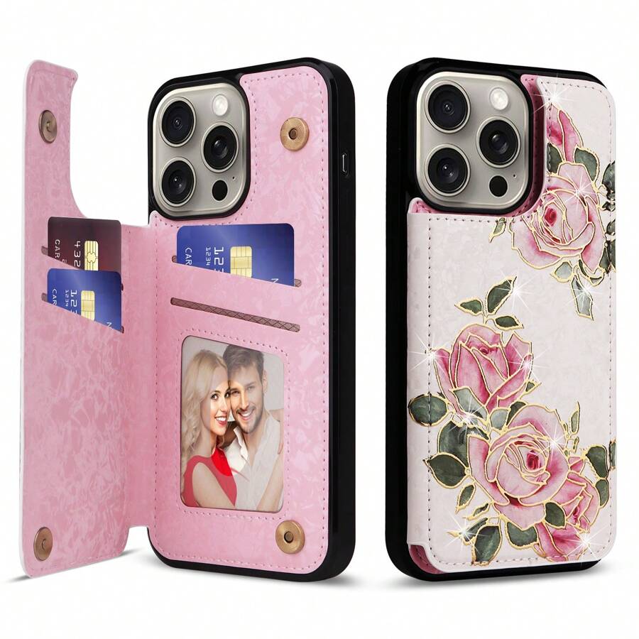 Portefeuille de téléphone à rabat à double boucle à la mode, motif floral en relief, étui de téléphone  synthétique, portefeuille, porte-cartes, antichoc, antivol, étui de brosse pour téléphone compatible avec 15,14,13,12,11, Pro Max, 14 Plus, 15 Plus, Xs Max, Xr, 7 Plus, 8 Plus, 6 Plus.