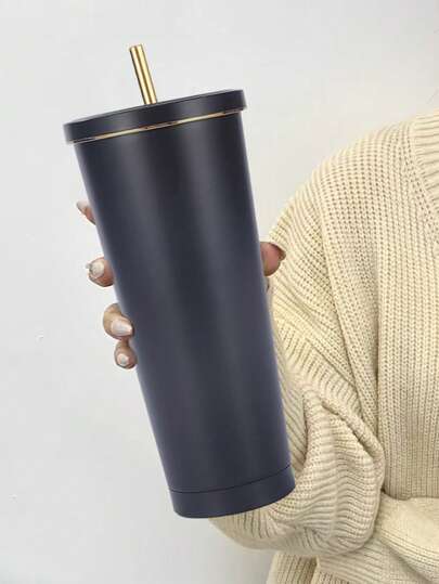 1pc Black Stainless Steel Insulated Cup With Straw, Large Capacity Vacuum Coffee Cup For Carrying, Gift Water Bottle