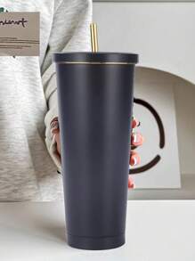 1 件黑色不锈钢保温杯带吸管，大容量真空咖啡杯，方便携带，礼品水瓶 - 黑色 - 查看 3