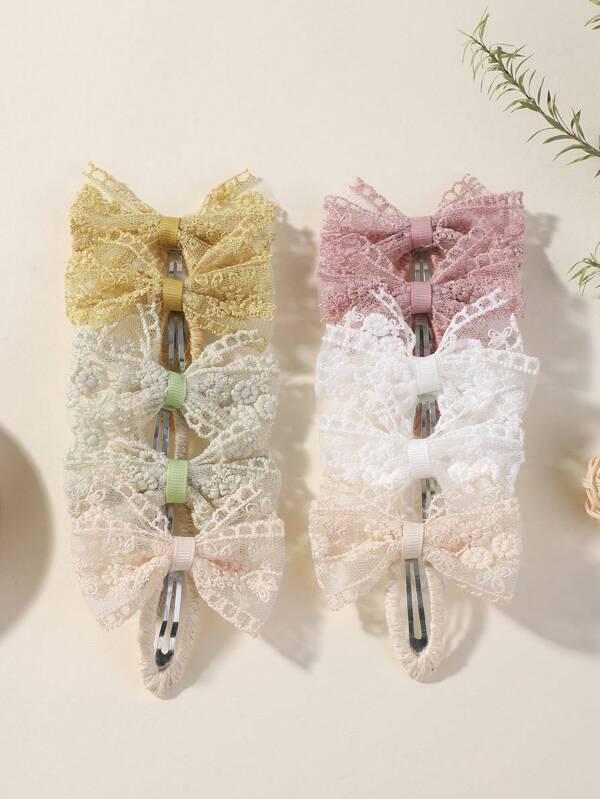 10pcs Candy-Colored Lace Bow Shaped Hair Clips For Kids