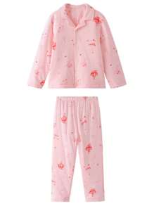 Annil Tween Boys And Girls Winter Thickened Pure Cotton Skin-Friendly Pajamas Cute Cartoon Print Warm Top & Pants Kids Home Clothes 2-Piece Set Pink - Pink - View 6