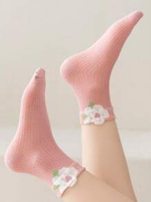 5 Cô gái Màu hồng Kẻ sọc Dâu tây & Ren hoa Mô hình Thoáng khí Vớ giữa bắp chân Thích hợp Đối với Hằng ngày Và Công chúa Giày dép - Nhiều màu - Xem 5