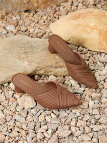 女士高跟涼鞋，休閒尖頭時尚春夏粗跟棕色鞋，優雅正式便捷穿脫式 - 棕色 - 查看 4