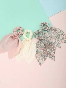 4pcs Women's Simple Solid Color & Floral Hair Scrunchies, Rabbit Ear Hair Ties, Suitable For Daily Wear In Spring And Summer Ponytail Holders Scrunchy,Holiday,Travel - Multicolor - View 3