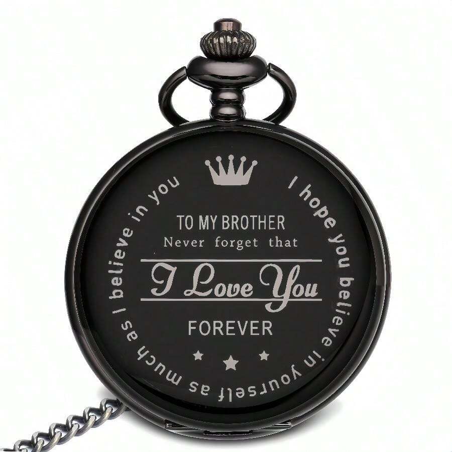 "TO MY BROTHER" Vintage Round Quartz Pocket Watch - Engraved Alloy Case, Perfect Gift For Brother With Stylish Chain" - Black - View 1