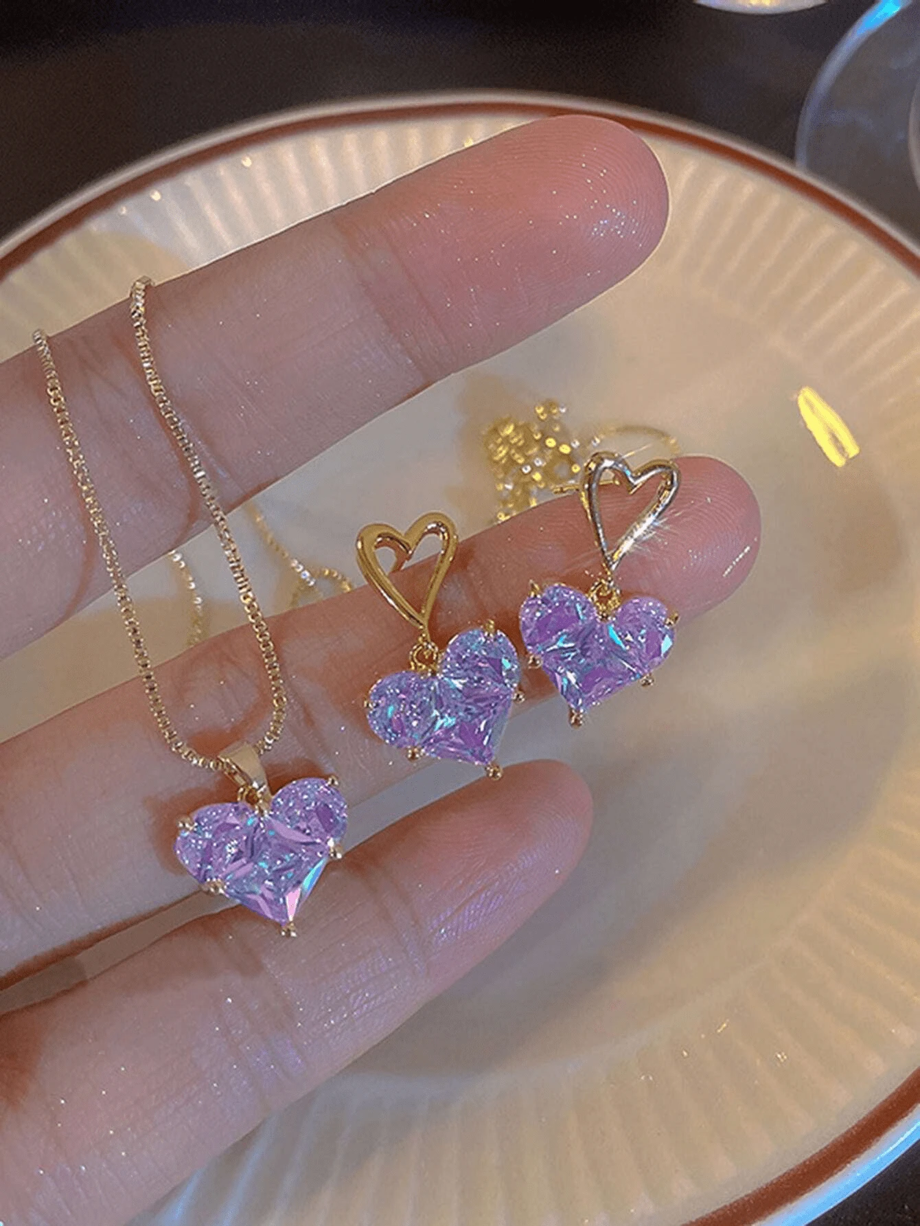 3pcs Elegant Kids" Heart-Shaped Cubic Zirconia Jewelry Set, Including A Fashionable Necklace And A Pair Of Earrings - Suitable For Parties And Everyday Wear - Purple - View 1