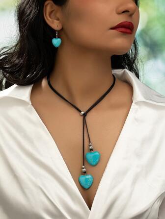 Vintage Bohemian Style Long Heart & Turquoise Design Necklace And Earring Set With Adjustable Length Valentines,Mom,Mother,Mother's Day,Gift