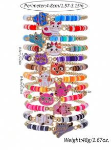 12入組手工編織小圓片彈性珠串手鐲,卡通貓主題,適用於女孩子 - 彩色 - 查看 2
