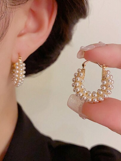 1pair Luxury & Delicate & Full Faux Pearl & Circular Ear Studs, Korean Style & Niche Design & High Fashion Earrings