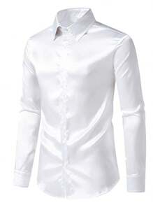 Camisa de vestir de manga larga de seda brillante para hombre, camisa de esmoquin, camisa suave ajustada de seda de manga larga, camisa de traje de boda de negocios - Blanco - Ver 3