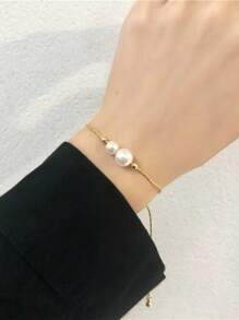 1 Pieza Pulsera De Mujer De Acero Inoxidable, Estilo Todo A Juego Con Cuentas Redondas, Pulsera De Mujer Popular Y Personalizada De Moda - Amarillo Oro - Ver 4