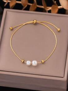 1 Pieza Pulsera De Mujer De Acero Inoxidable, Estilo Todo A Juego Con Cuentas Redondas, Pulsera De Mujer Popular Y Personalizada De Moda - Amarillo Oro - Ver 1