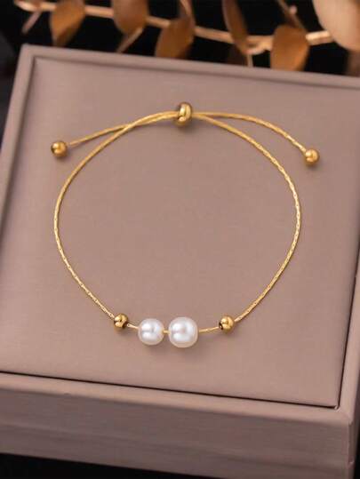 1 Pieza Pulsera De Mujer De Acero Inoxidable, Estilo Todo A Juego Con Cuentas Redondas, Pulsera De Mujer Popular Y Personalizada De Moda