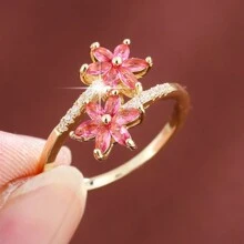 1個鄉村風格小花形設計幾何對稱立方氧化鋯鑲嵌戒指,適合女孩子 - 彩色 - 查看 5