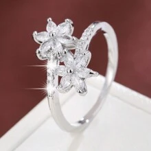 1個鄉村風格小花形設計幾何對稱立方氧化鋯鑲嵌戒指,適合女孩子 - 彩色 - 查看 3