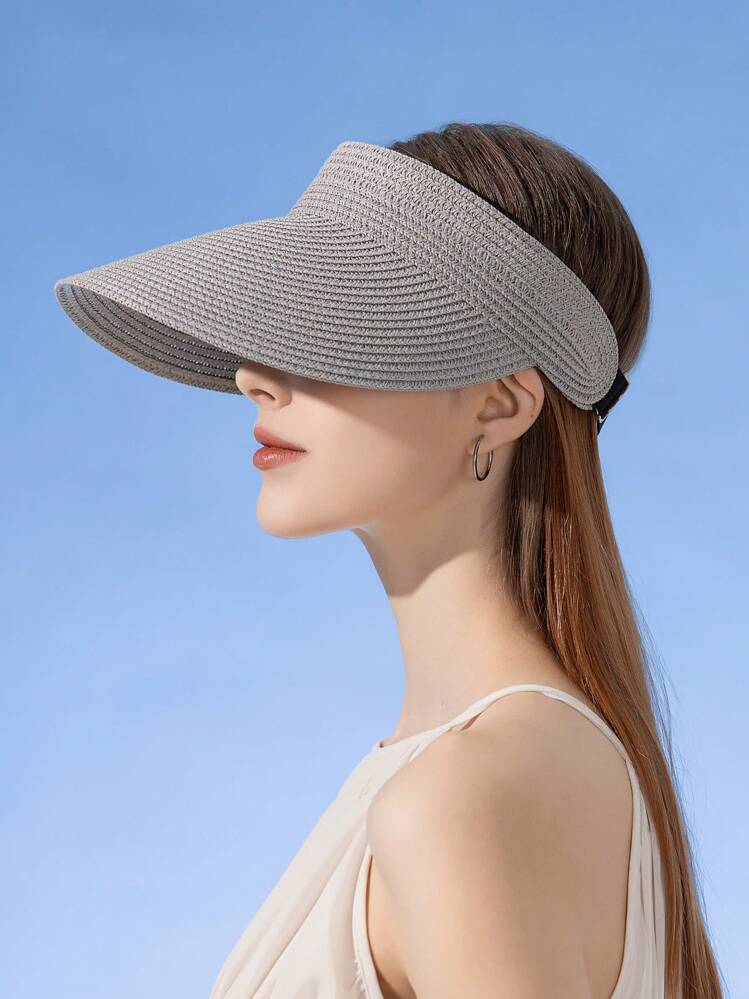 Boho 1pc New Summer Straw Sun Hat For Women, Wide Brimmed Headband Style Korean Fashion Beach Cap With Open Top - Multicolor - View 3