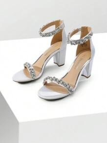 Women Rhinestone Decor Chunky Heeled Ankle Strap Sandals, Glamorous Party Heeled Sandals, For Daily, Wedding, Vacation, Prom Valentines - White - View 4