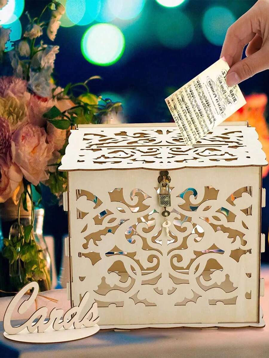 1 Set Wood Wedding Card Box With Lock And Cards Sign, Card Box For Wedding, Rustic Wedding Box For Cards And Money, Wedding Gift Box For Reception, Anniversary, Bridal Shower, Party - Khaki - View 1
